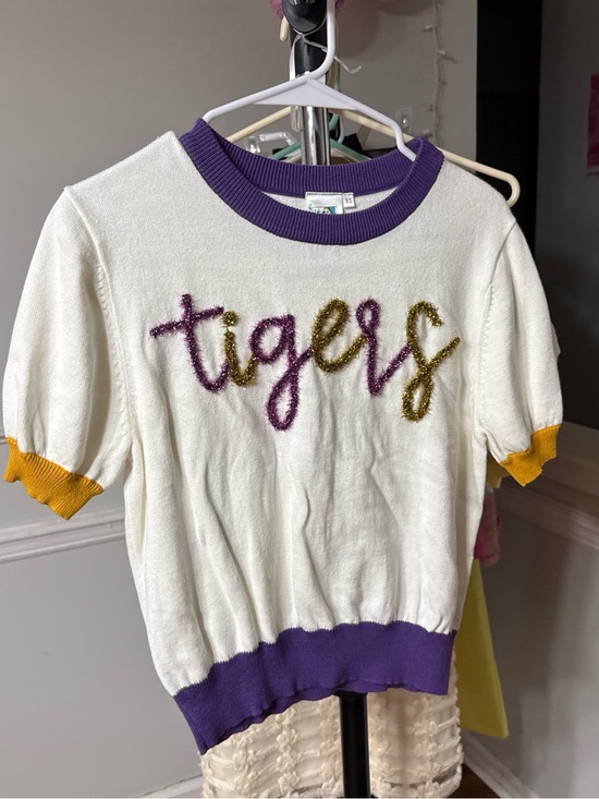 QUEEN OF SPARKLES Other - QUEEN OF SPARKLES White Short Sleeve Tee with Purple & Gold Trim